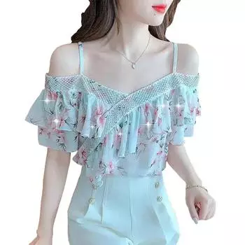Топ на одно плечо с подтяжками, шифоновая рубашка с короткими рукавами и рюшами для тяжелой промышленности, женская летняя футболка, новинка 2023 года, рубашка с цветочным принтом