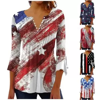 Топ на пуговицах для женщин, топы с принтом ко Дню независимости, повседневный топ с рукавом 3/4 и V-образным вырезом L чёрный