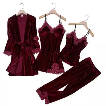 ТОП повседневная велюровая домашняя одежда 4 шт. комплект для сна интимное белье женская пижама костюм с длинным рукавом кружевная бархатная домашняя пижама XXL серый