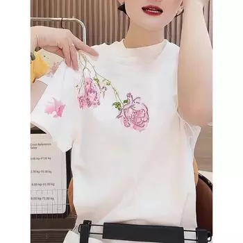Топ премиум-класса свободного кроя для похудения Ins 2025 лето новый универсальный модный с круглым вырезом темпераментная футболка с коротким рукавом женская White 2XL [Suggested 62.50 kg-70.00 kg]]