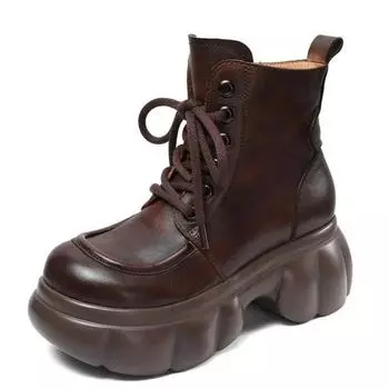 Top quality 7CM Autumn Fashion Spring Boots Moccasins Motorcycle Shoes Natural Genuine Leather Chimney Ladies Women Ankle Boots 35 коричневый