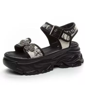 Top quality 7cm Cloth Fashion Platform Flats Fabric Women Sandals Genuine Leather Slippers Chunky Sneakers Shoes Casual Stretch 34 бежевый