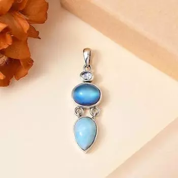 Top Quality Larimar Gemstone Pendant Oval Cabochon Stone Pendant,Big Size Pendant,Opaque Stone Pendant 925-Sterling Silver Pendant2025 Free Size синий