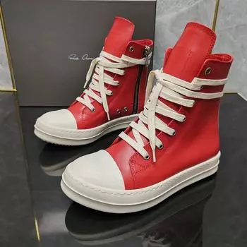 Top quality thick bottom ow-ens Classic Red Ribbon High-top Shoes Top Leather Boots Harajuku Wind High Street Couple Shoes 36