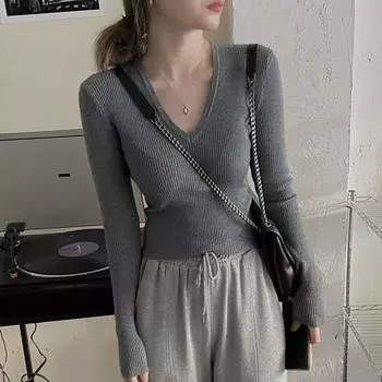 Топ ранней осени женский японский облегающий свитер с V-образным вырезом и затягивающейся талией, вязаный свитер с длинными рукавами, женский свитер S белый