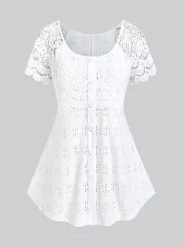 Топ Rosegal плюс размер Broderie Anglaise с кружевной вставкой M белый