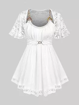 Топ Rosegal Plus размера с цепочкой и кружевной вставкой, текстурированный топ 2 в 1 M белый