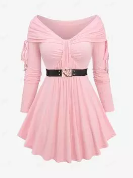 Топ Rosegal размера плюс с отложным воротником в рубчик, текстурированный топ со складками и ремнем с пряжкой в форме сердца L светло-розовый