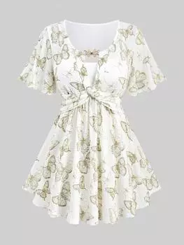 Топ Rosegal размера плюс с принтом бабочки и вставкой с пряжкой и вставкой в форме листа L белый