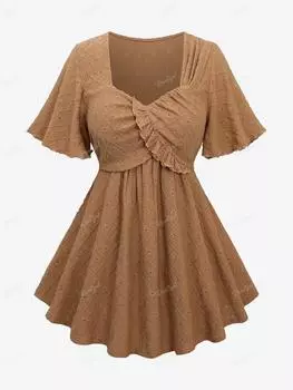 Топ Rosegal размера плюс с вышивкой ромбами и оборками L кофейный