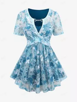 Топ Rosegal размера плюс со складками-цепочками и цветочной вышивкой, кружевной отделкой, перекрещивающимся топом M синий