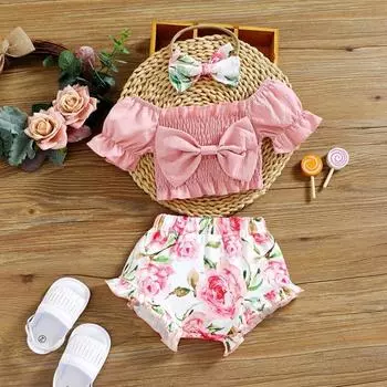 Топ с бантом для девочек, шорты с принтом, повязка для волос, повседневный костюм, комплекты одежды для девочек 120