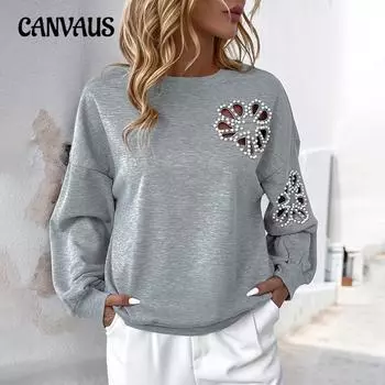 Топ с бисером, весна-осень, женский, круглый вырез, свободный, повседневный, с вырезом, пуловер, свитшот S серый