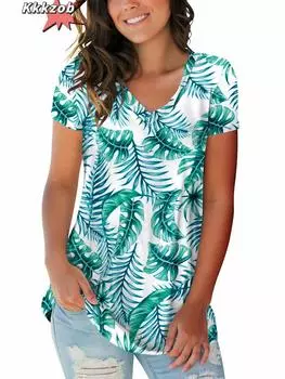 Топ с цветочным принтом и большим размером, женская трендовая одежда, модная рубашка с коротким рукавом, новинка 2024 года, женская футболка, блузка большого размера с V-образным вырезом S