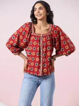 Топ с цветочным принтом красного и синего цвета с принтом в виде блоков | Рукава в стиле бохо длиной 3/4, рукава-фонарики | Курти ручной работы | Курта с квадратным вырезом и средней длиной, индийская хлопковая женская блузка S красный/синий