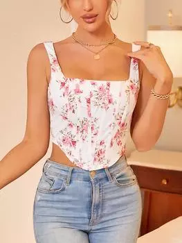 Топ с цветочным принтом в стиле пэчворк на молнии, 2 слоя, облегающий укороченный топ на бретелях, шикарный желтый топ на бретельках, женские топы y2k 2023 S розовый