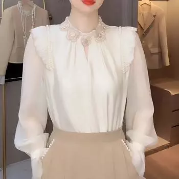 Топ с деревянной кромкой и вышивкой, весенняя новая модная свободная однотонная рубашка с длинными рукавами и длинными рукавами M бежевый