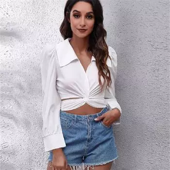 Топ с длинным рукавом, блузки и рубашки, лето 2022, летние рубашки для женщин, повседневный топ с длинным рукавом, белый отложной воротник, стильная повязка S чёрный