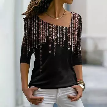 Топ с длинным рукавом и 3D-принтом с угловым воротником Топ с длинным рукавом и 3D-принтом с диагональным воротником для женщин S