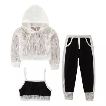 Топ с капюшоном для маленьких девочек, сетчатые однотонные брюки, весенне-осенний повседневный комплект одежды L