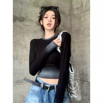 Топ с коротким рукавом, K-pop мода, облегающая базовая рубашка Black One size