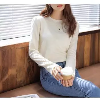 Топ с круглым вырезом, длинный рукав, трикотажный топ с открытыми плечами, начесанный базовый слой, смешивание и сочетание, белый простой One size абрикосовый