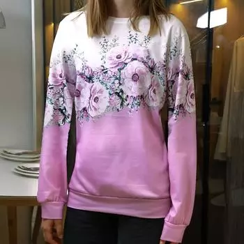 Топ с круглым вырезом и цветочным принтом, повседневный спортивный топ с длинными рукавами, женская одежда S