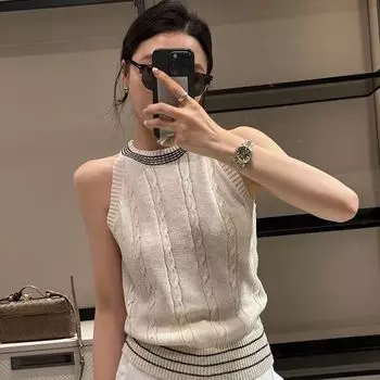Топ с круглым вырезом и кабельной вязкой в американском стиле, вязаный жилет, летний, облегающий, без рукавов S