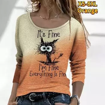 Топ с круглым вырезом и кошачьим узором, осенний женский модный повседневный топ с длинными рукавами, XS-8XL 7XL