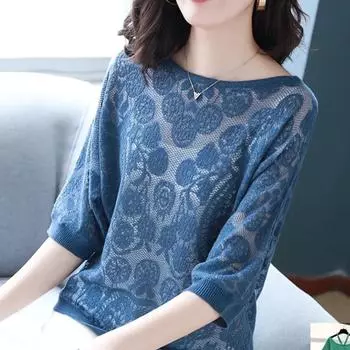 Топ с круглым вырезом и рукавами три четверти, женский весенне-осенний вязаный свитер, свободная и тонкая универсальная рубашка со средним рукавом S зелёный