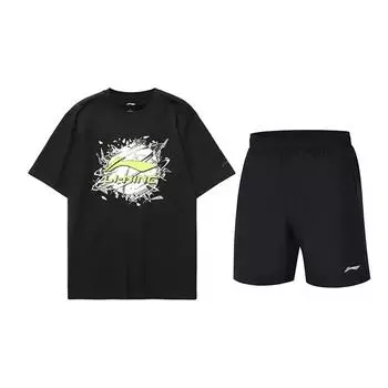 Топ с круглым вырезом с принтом Li Ning Простой Удобный Универсальный Повседневный Спортивный костюм Унисекс Топы Черный AHSUA05-2+YKST119-1 L