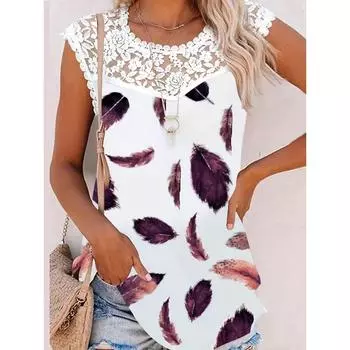 Топ с кружевной строчкой и принтом перьев, повседневный летний топ без рукавов с круглым вырезом, женская одежда S фиолетовый