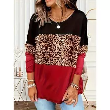 Топ с леопардовым принтом больших размеров, повседневный топ с круглым вырезом и длинными рукавами, женская одежда больших размеров S