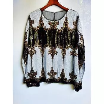 Топ с пайетками ручной работы с круглым вырезом, повседневная осенняя футболка Black White One size