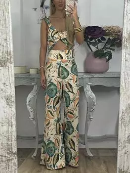 Топ с принтом, брюки, костюм, женские топы без рукавов с v-образным вырезом и открытой спиной, широкие брюки, комплект из 2 предметов, женский праздничный пляжный наряд S
