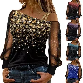 Топ с принтом и открытыми плечами, свободная сетчатая футболка на одно плечо с блестками, повседневный топ с длинными рукавами, топ без бретелек M синий