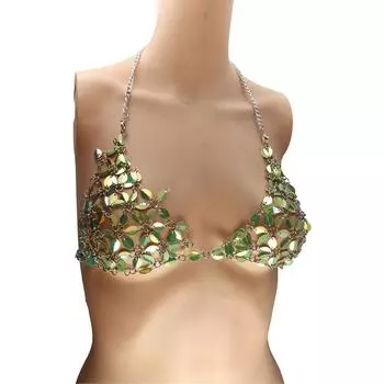 Топ с принтом листьев и цветов, укороченный топ с блестками и цепочкой, бикини-топ с лифом и подвеской зелёный