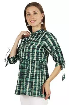 Топ с принтом Moomaya, 3, 4 рукава, воротник-стойка, плиссированные и расклешенные, короткая туника для 3XL темно-зеленого