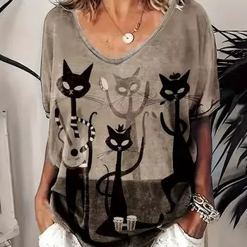Топ с принтом мультяшной кошки больших размеров, повседневный топ с V-образным вырезом и короткими рукавами, женская одежда больших размеров S