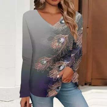 Топ с V-образным вырезом и 3D-принтом с перьями, модная повседневная женская футболка с длинным рукавом S