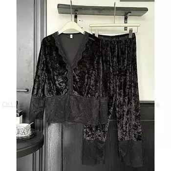 Топ с V-образным вырезом и брюки с длинным рукавом, черная кружевная пижама в стиле пэчворк, 2 предмета, зимняя женская пижама, мягкий велюровый домашний костюм для женщин M