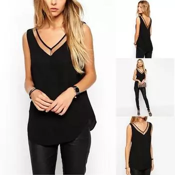 Топ с v-образным вырезом, женская футболка без рукавов, блузки, топы в стиле пэчворк, летний шифоновый жилет, прозрачная сетка, повседневная майка S чёрный