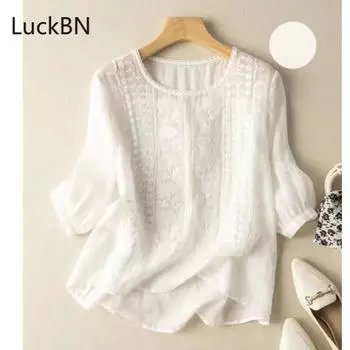 Топ со средним рукавом для женщин, вышитая свободная художественная ретро-футболка из хлопка и льна, летняя тонкая блузка L белый