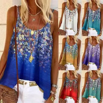 Топ-спагетти с цветочным принтом, повседневный летний топ без рукавов с круглым вырезом, женская одежда S белый