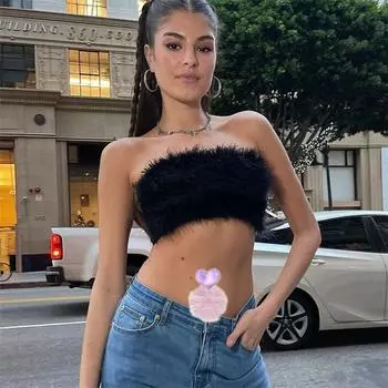 Топ-труба из искусственного меха и плюша без рукавов с прострочкой, элегантный укороченный топ с открытой спиной, фотография L белый