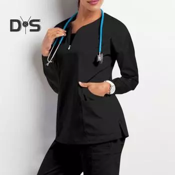 Топ-униформа медсестры с 4 карманами, застежкой-молнией, полузастежкой, длинными рукавами, боковыми разрезами, свободным кроем, рабочая одежда для медсестры M чёрный