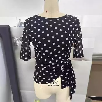 Топ в горошек со средними рукавами для женщин, новая модная рубашка с круглым вырезом в корейском стиле с принтом, футболка с короткими рукавами S чёрный