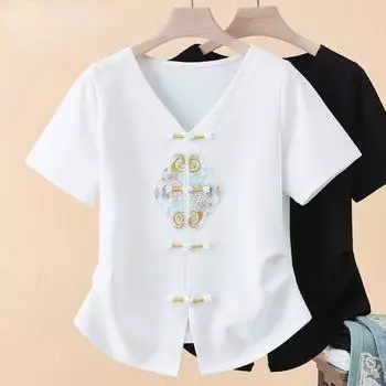 Топ в китайском стиле с V-образным вырезом и вышивкой на пуговицах M белый