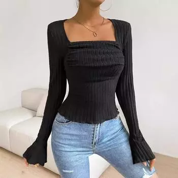 Топ женский 2024 Весенняя мода Открытые плечи пряжки ребристый повседневный простой длинный рукав облегающий повседневный топ одежда Y2K S чёрный