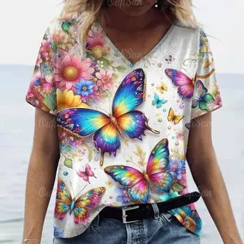 Топ женская футболка летняя мода с цветочным принтом бабочки футболки с короткими рукавами футболка с v-образным вырезом для женской одежды больших размеров XL